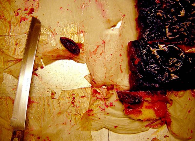 An ambiguous image in one of the computer vision training datasets. A crime scene? Or a red fruit cake?