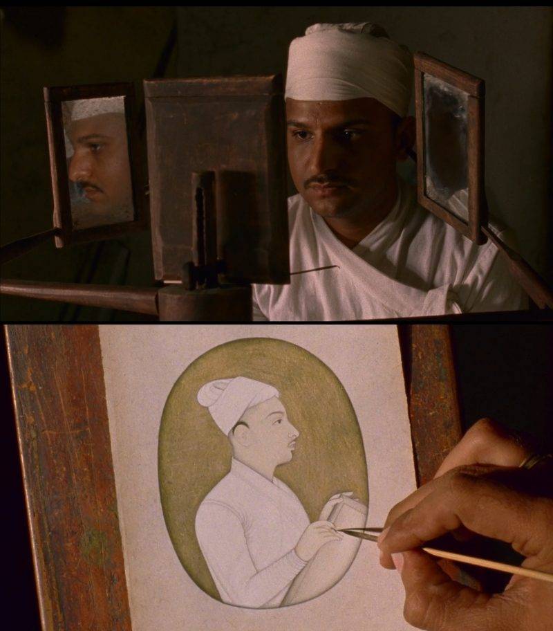 ‘Nainsukh’ (Manish Soni) working on his self-portrait using a mirror set-up. Screengrab from *Nainsukh* (2010). Image sourced from Vimeo