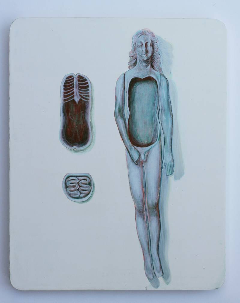 Nisha Hasan, ‘Viscera’, egg tempera on traditional chalk ground (on beech wood), 2023