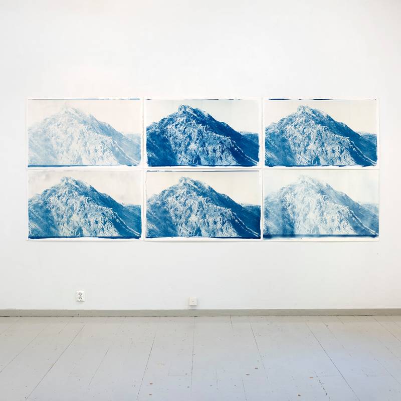 Torn, 2021. Cyanotype on Arches watercolor paper, natural white, 356g/m2, 100% cotton, acid free. Installation view at Galleria Becker by the occasion of 'Affection Adrift' exhibition, Summer 2021. Photograph by Maija Holma.