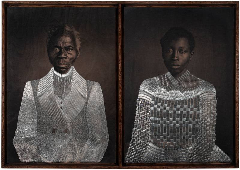 Sasha Huber, *Tailoring Freedom – Renty and Delia*, 2021. Metal staples on photograph on wood, 97 x 69 cm. Courtesy the artist and Tamara Lanier. Original images courtesy the Peabody Museum of Archaeology and Ethnology, Harvard University (Renty, 35-5-10/53037; Delia, 35-5-10/53040).