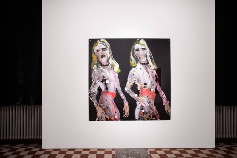 Petra and Paula in Local Disco, 2020, oil on plexiglass, 170 x 170 cm