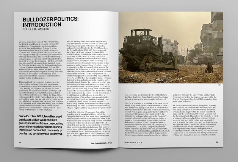 Introduction to The Funambulist 56 Bulldozer Politics by Léopold Lambert.