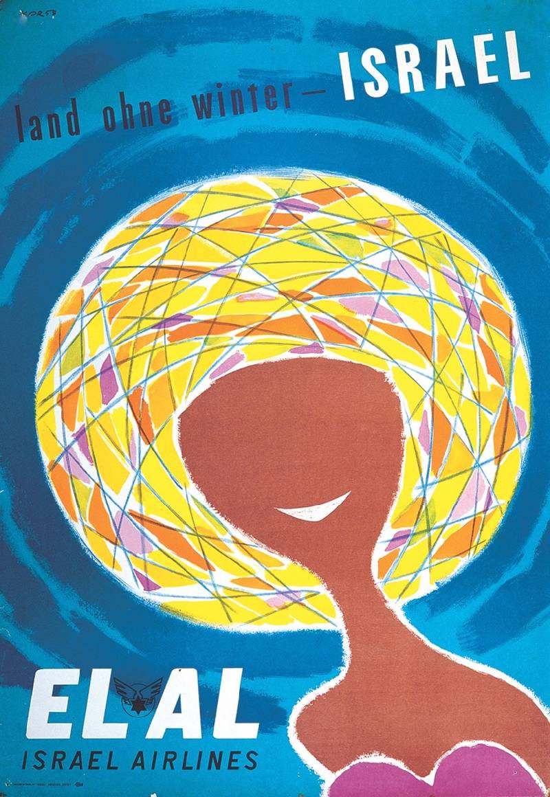 Paul Kor’s 1965 poster ‘land ohne winter- Israel’ [land without winter- Israel]. Source: Israeli Airline Museum website