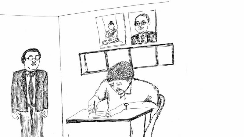 In an animated scene, Dr. B. R. Ambedkar (Babasaheb) approaches Rohith Vemula as he pens his last letter