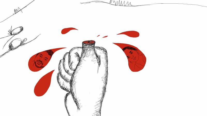 Still from *Dr. B. R. Ambedkar, Now and Then –* visually links the historical injustice against Eklavya to the contemporary tragedies of Rohith Vemula and Payal Tadvi, whose faces appear in the blood drops from a severed thumb