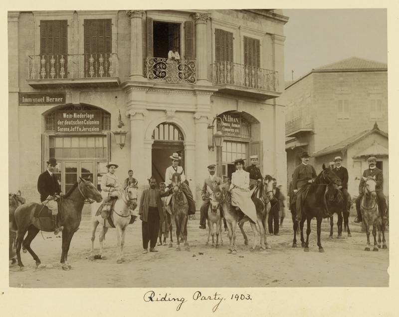 Riding party, 1903, American Colony. Photo Department, John D. Whiting, Lewis Larsson, and G. Eric Matson, photographer. *Members and activities of the American Colony Jerusalem*. West Bank Israel Jerusalem Jordan Palestine Egypt Syria Middle East Malta Tadmur, None. \[Between 1890 and 1906\] Photograph. https://www.loc.gov/item/2007675258/.