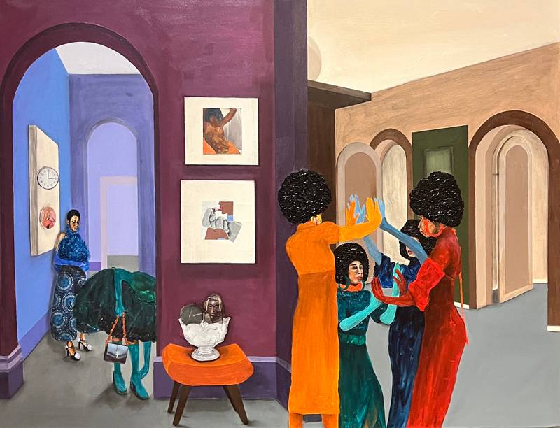 Cinthia Sifa Mulanga, *Wait your turn – Competitive Sisterhood*, 2021, mixed media on canvas. Photo: Mmabatho Thobejane