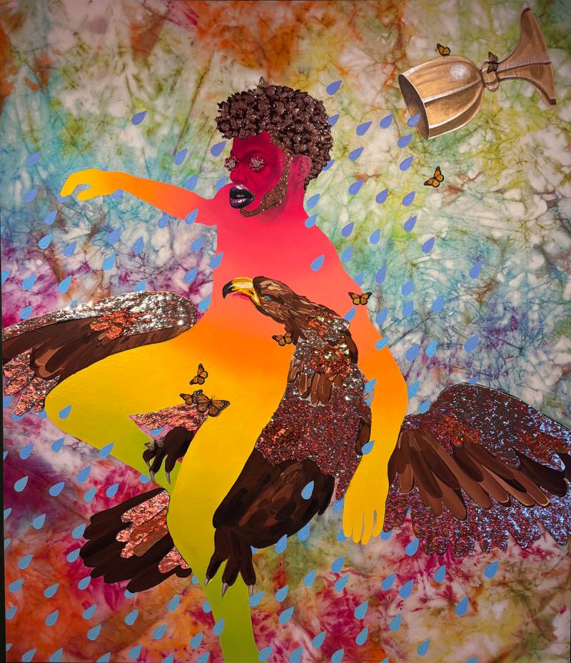 Devan Shimoyama, *THE ABDUCTION OF GANYMEDE*, 2019, oil, colour pencil, dye, sequins, collage, glitter, and jewellery on canvas. Photo: Friyal Mohammedsadik, courtesy of Liljevalchs