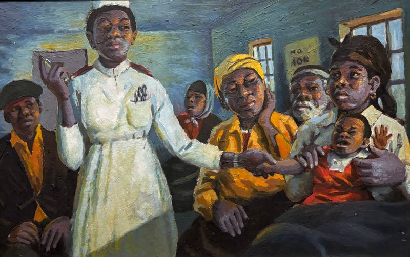 George Pemba, *At the clinic*, 1979, oil on canvas. Photo: Friyal Mohammedsadik, courtesy of Liljevalchs