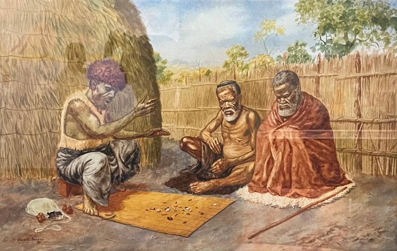 Gerard Bhengu, *Consulting the iSangoma*. n.d. watercolour on paper. Photo: Mmabatho Thobejane