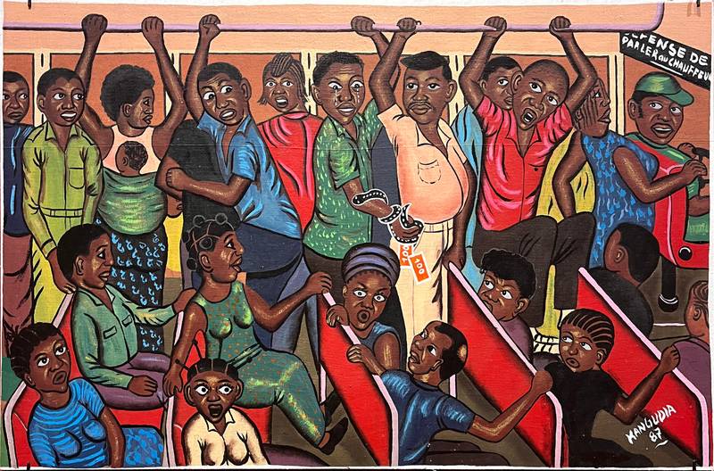 Kangudia f. okänt, *Untitled \[im Autobus\]*, 1987, oil on canvas mounted on plywood. Photo: Mmabatho Thobejane