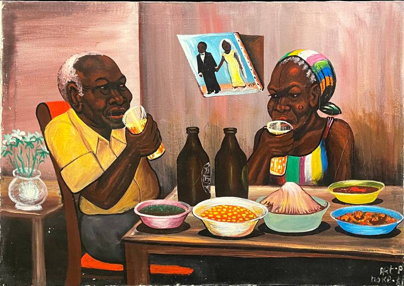 Moké f., *Couple à table*, 1981, paint on flour bag. Photo: Mmabatho Thobejane