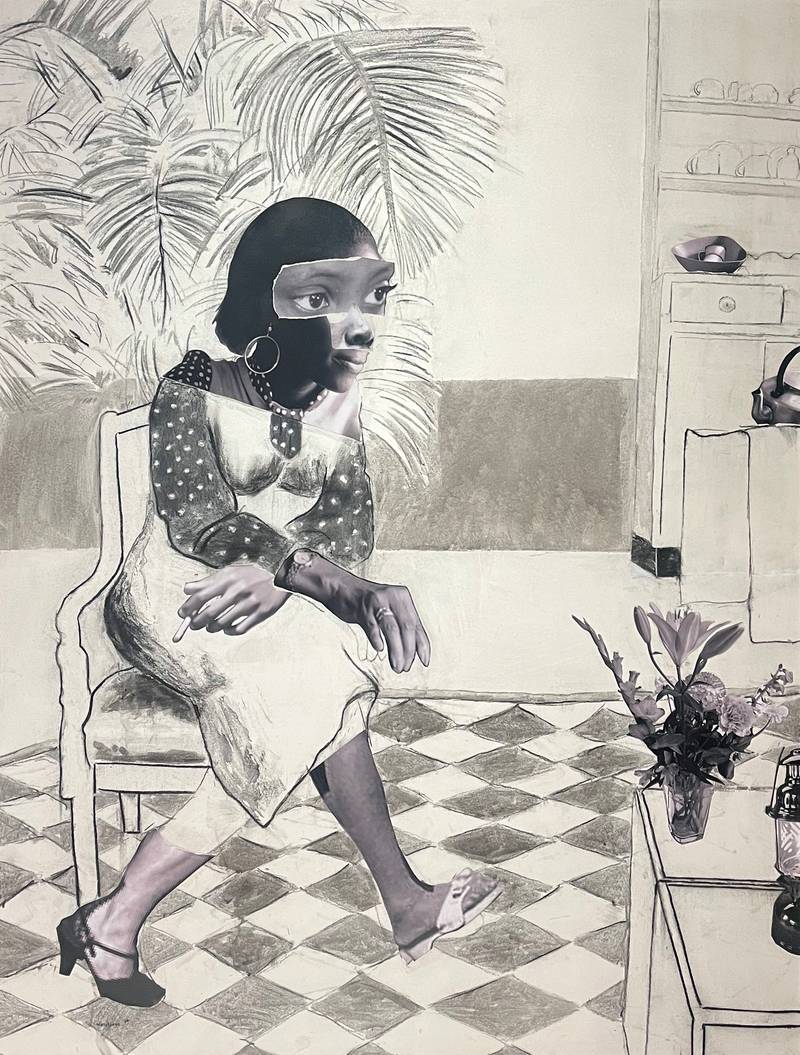 Neo Matloga, *Mmadira*, 2020, collage, charcoal, charcoal liquid and ink on canvas. Photo: Mmabatho Thobejane