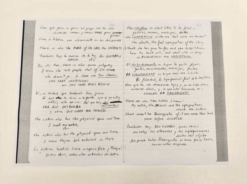 From Claudia Pagès’ notebook, notes and copies displayed at Index, 2025. Photo: Alba Folgado.