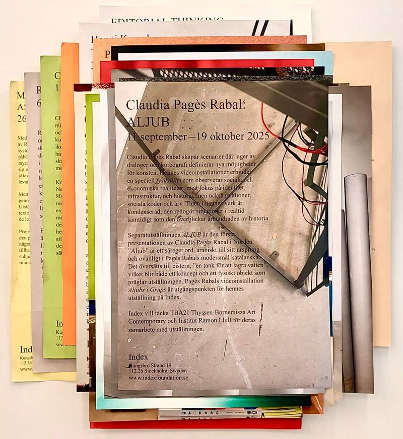 Collection of exhibition texts and posters at Index, 2025. Photo: Alba Folgado.