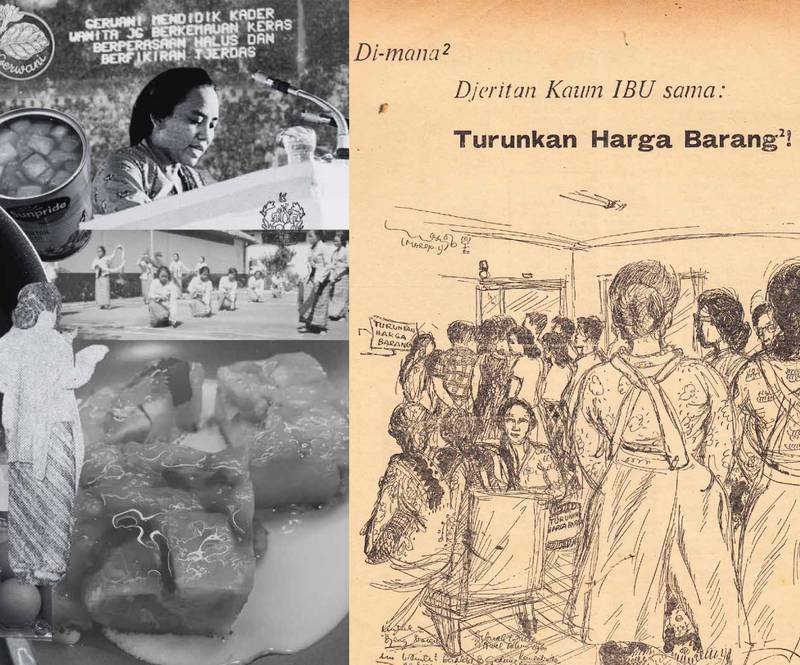 L to R: Collage from Rizqan Adhima’s essay in *Memasak Harapan* and illustration from *Api Kartini* issue from February 1960 – text in the image “Everywhere, You Hear The Same Roar From MOTHERS: “Lower The Price of Commodities!”