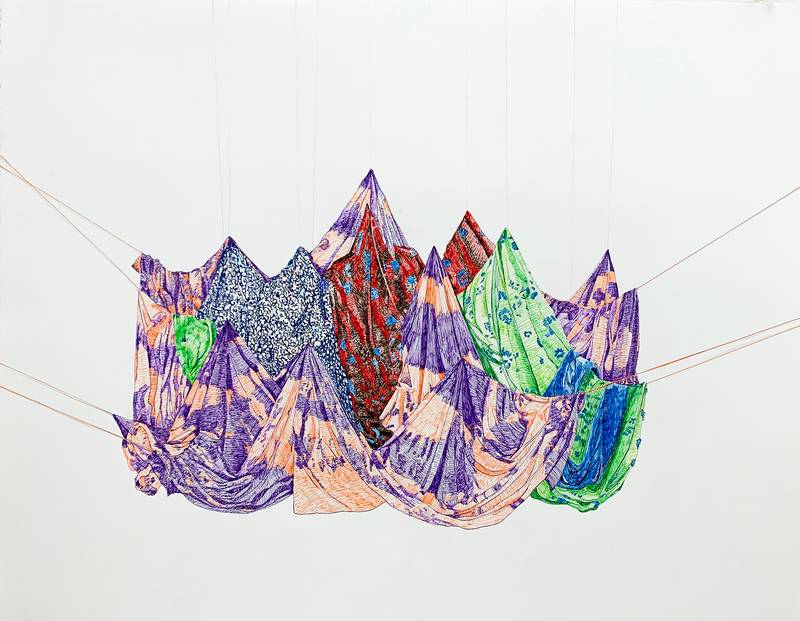 Suspended mountain, 2022, fine liner color pen on paper, 23 x 29.5 in