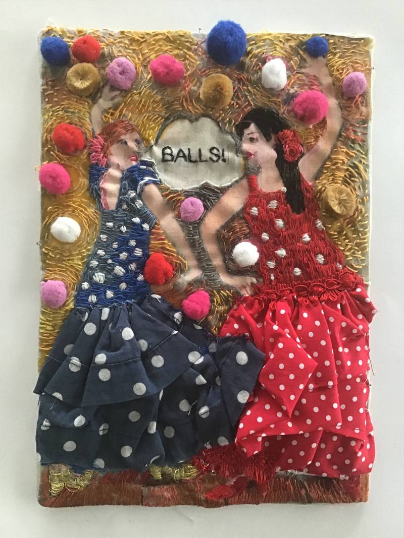 Mary Stockton Smith, Balls, embroidery, fabric balls, acrylic paint, 27 x 18 cm