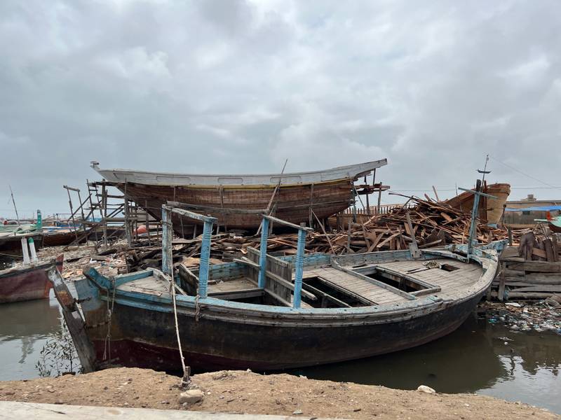 Karachi’s Ibrahim Hyderi port: Kashif’s workshop with a new ‘Laanch’ under construction in the background and an old ‘Hoori’ in the foreground, 2024
