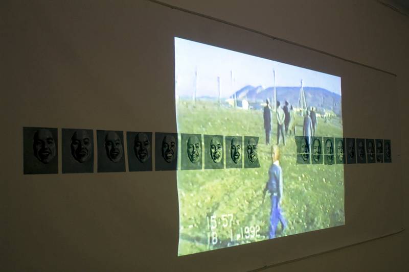 Untitled, 2019, oil on canvas with a video projection, 415 x 150 cm. Installation view from the exhibition *Laughter to Cry* at B-galleria, Turku. Photo: Veera Ahlholm