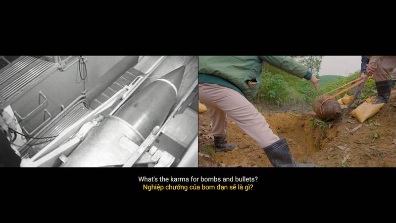 Tuan Andrew NGUYEN: *The Sounds of Cannons, Familiar Like Sad Refrains* */  Đại Bác Nghe Quen Như Câu Dạo Buồn,* 2021\. Film still / two-channel video projection,  9’41” © Tuan Andrew Nguyen. / Image courtesy of the artist and James Cohan, New York.