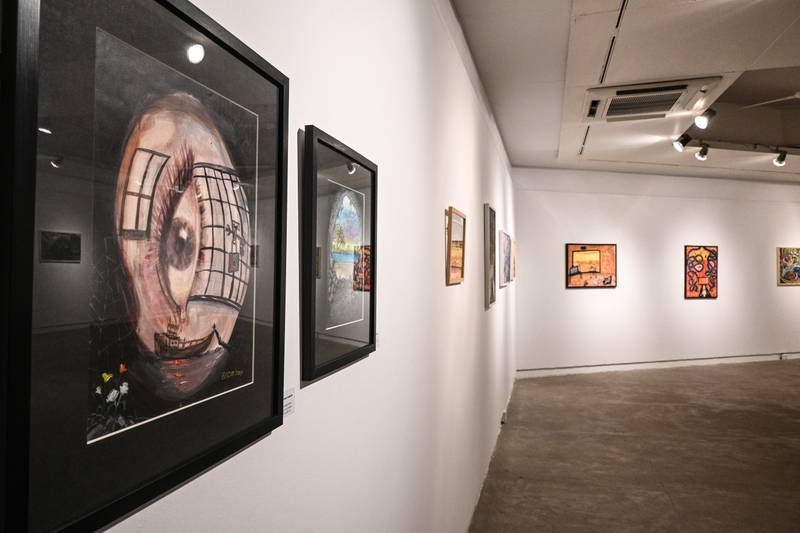 Installation view of Ahmed Rabbani’s paintings from ‘The Unforgotten Moon’, Indus Valley Gallery, Karachi, Pakistan