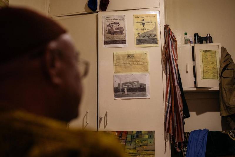 Printed copies of old newspapers (1955) announcing the independence in Sudan, a film screening schedule from the 80s, and advertisements from Sudan Airlines about trips to Beirut in Issam Hafiez’s bedroom