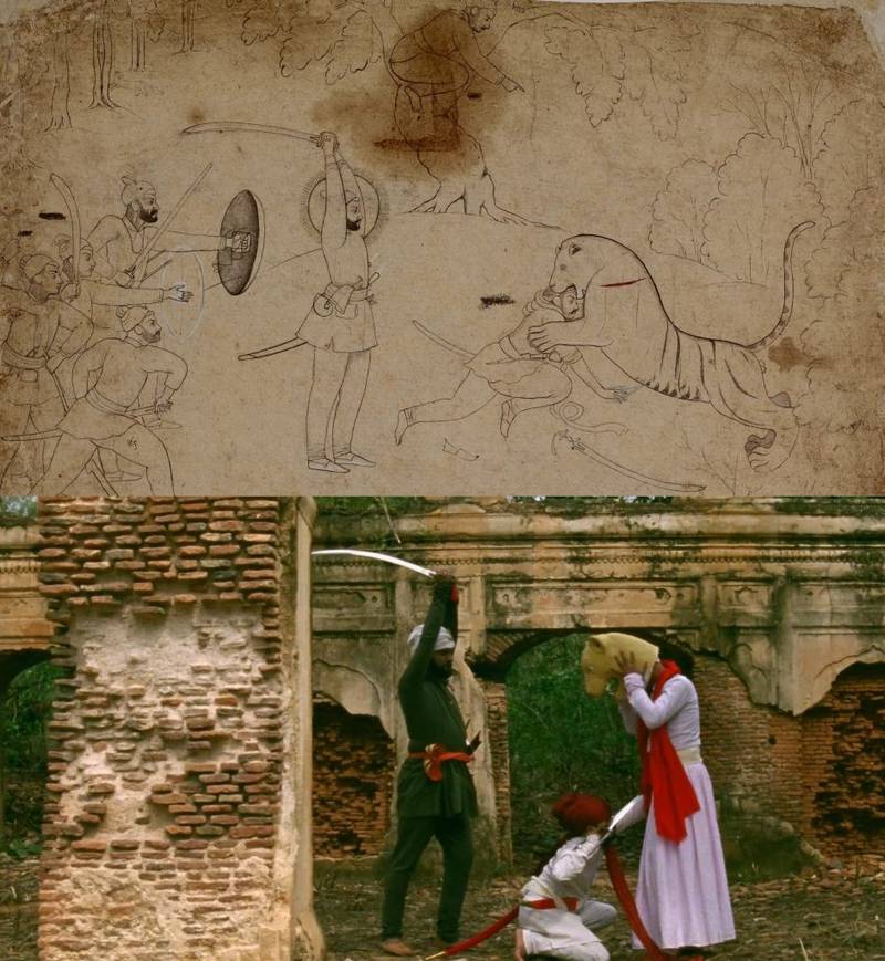 Nainsukh creating live tableaus for his paintings. Screengrabs from *Nainsukh* (2010). Image sourced from Vimeo, Google Arts & Culture